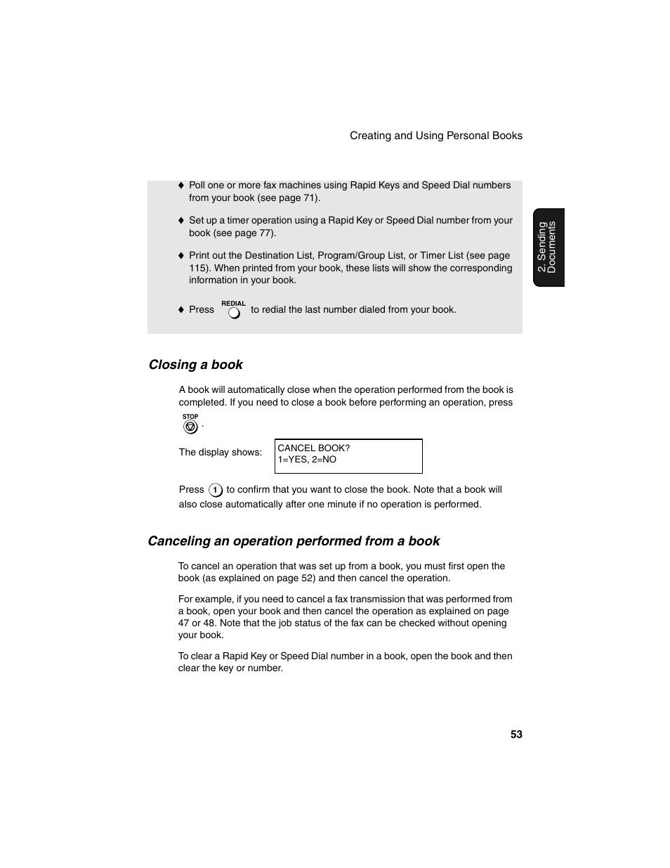 Closing a book, Canceling an operation performed from a book | Sharp FO-4450 User Manual | Page 55 / 144