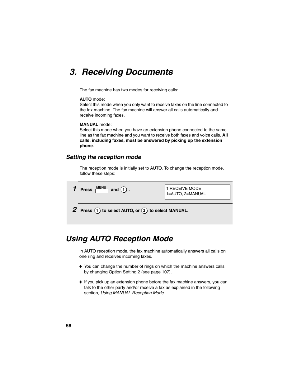 Receiving documents, Using auto reception mode, Setting the reception mode | Sharp FO-4450 User Manual | Page 60 / 144