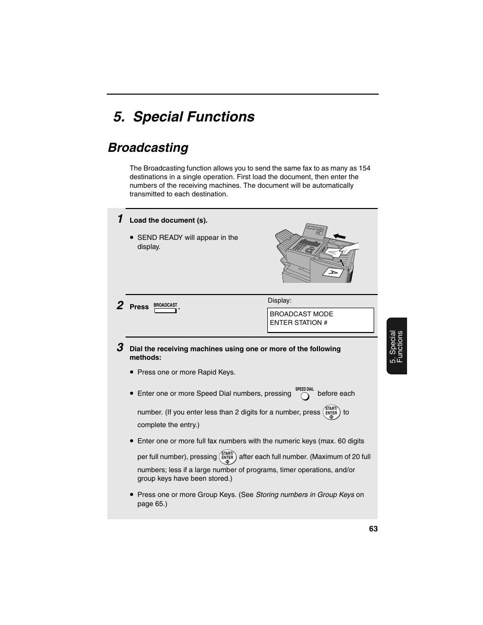 Special functions, Broadcasting | Sharp FO-4450 User Manual | Page 65 / 144