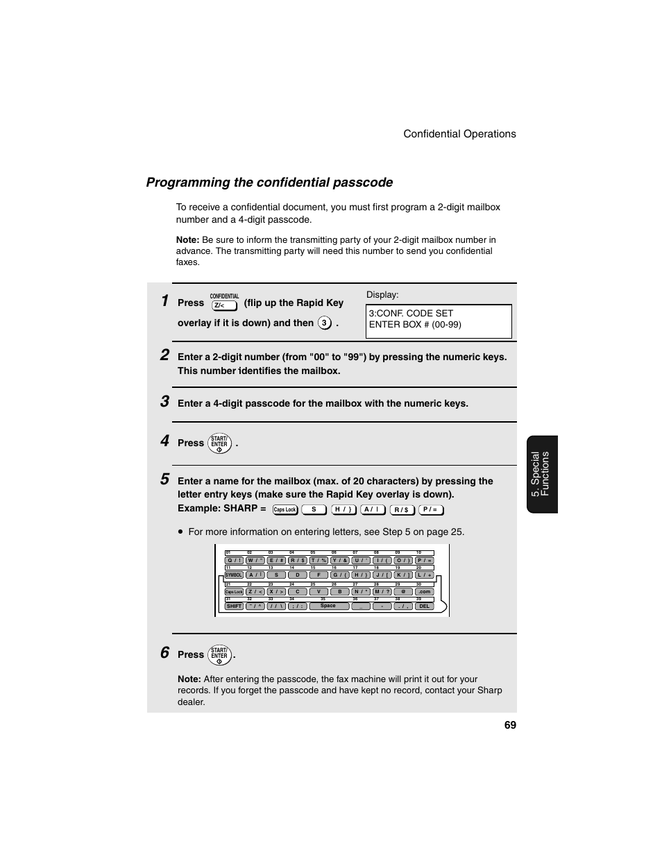 Programming the confidential passcode, Confidential operations 69, Spe c ial functions | Press, Conf. code set enter box # (00-99) display | Sharp FO-4450 User Manual | Page 71 / 144