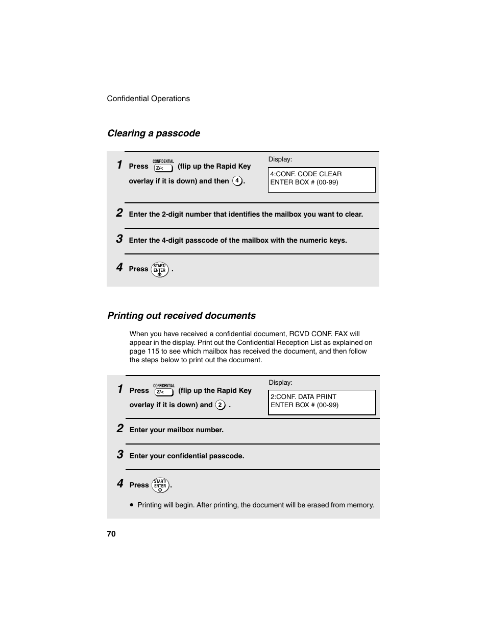 Clearing a passcode, Printing out received documents | Sharp FO-4450 User Manual | Page 72 / 144