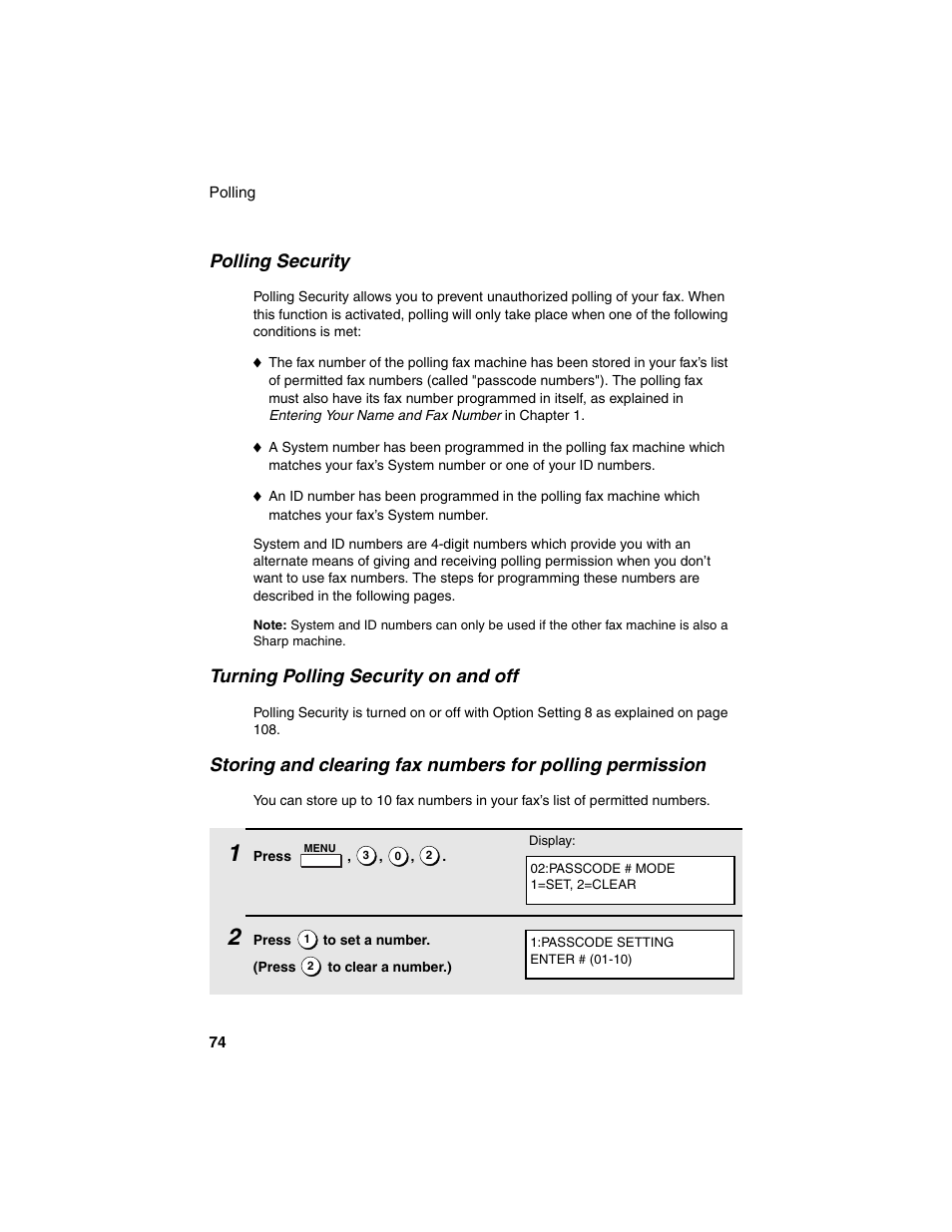 Polling security, Turning polling security on and off | Sharp FO-4450 User Manual | Page 76 / 144