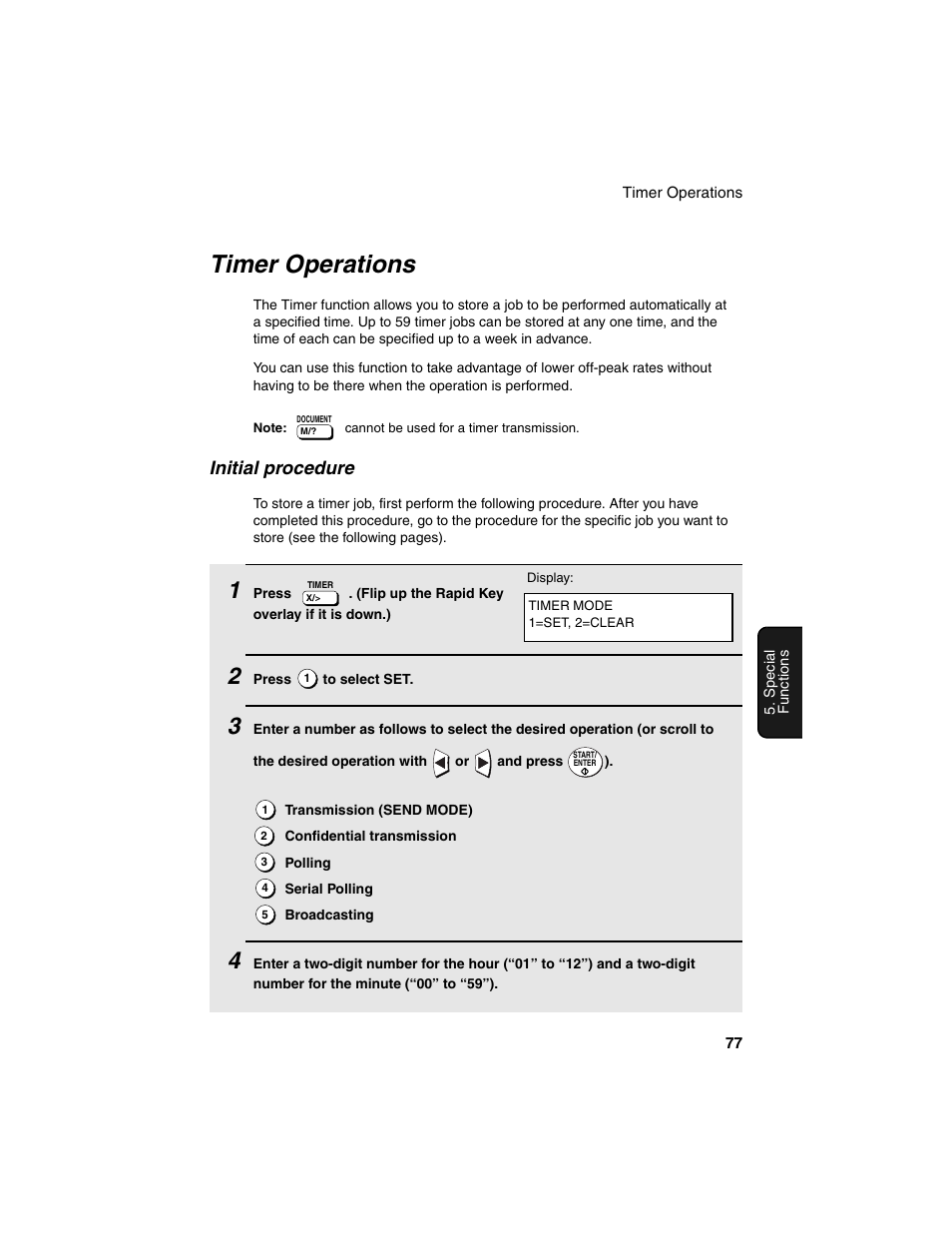 Timer operations, Initial procedure | Sharp FO-4450 User Manual | Page 79 / 144