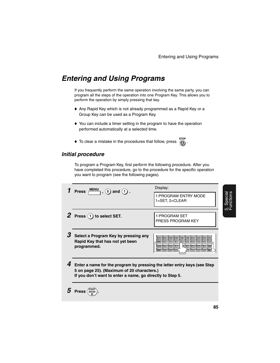 Entering and using programs, Initial procedure, Entering and using programs 85 | Spe c ial functions, Press , and, Press to select set, Press | Sharp FO-4450 User Manual | Page 87 / 144