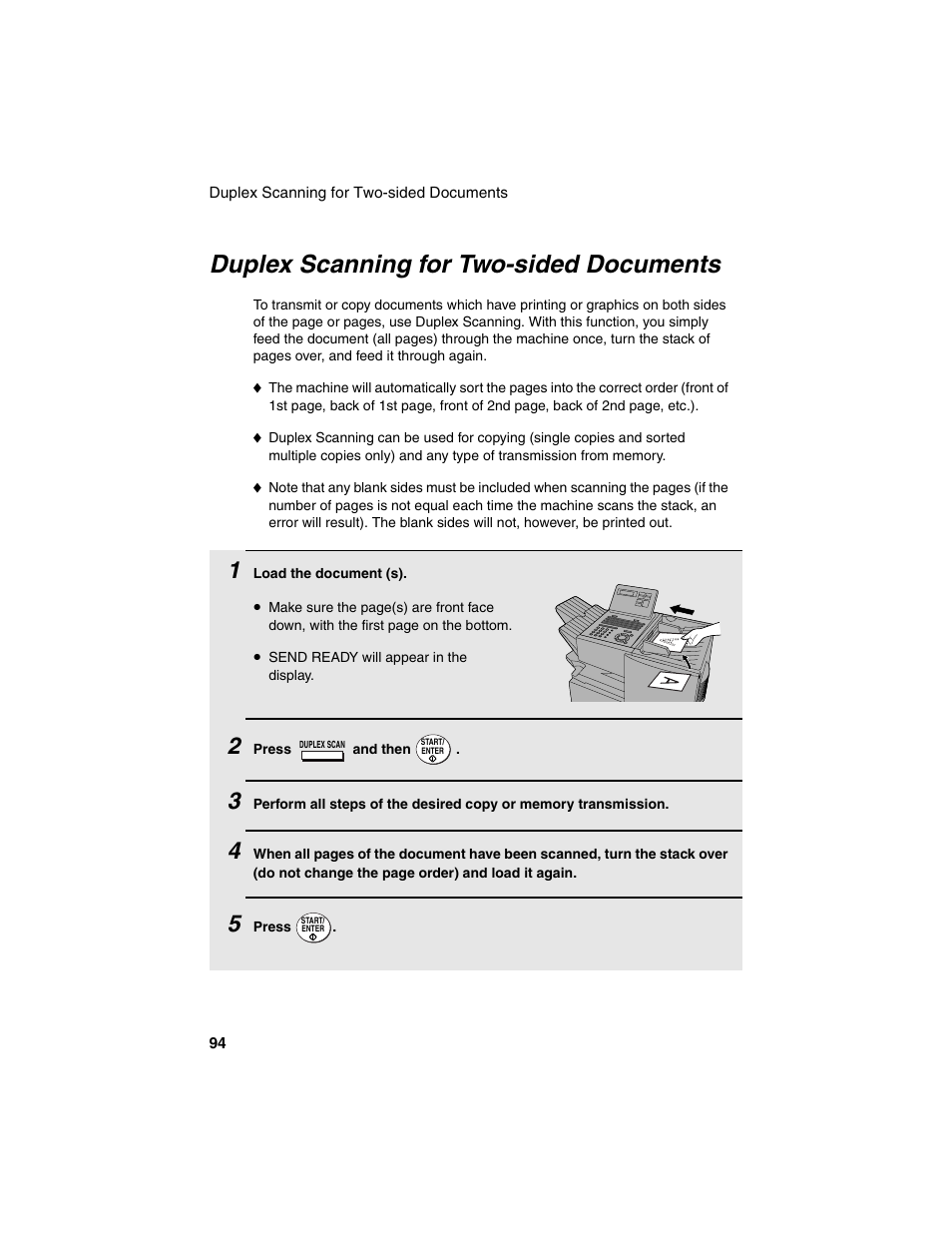 Duplex scanning for two-sided documents | Sharp FO-4450 User Manual | Page 96 / 144