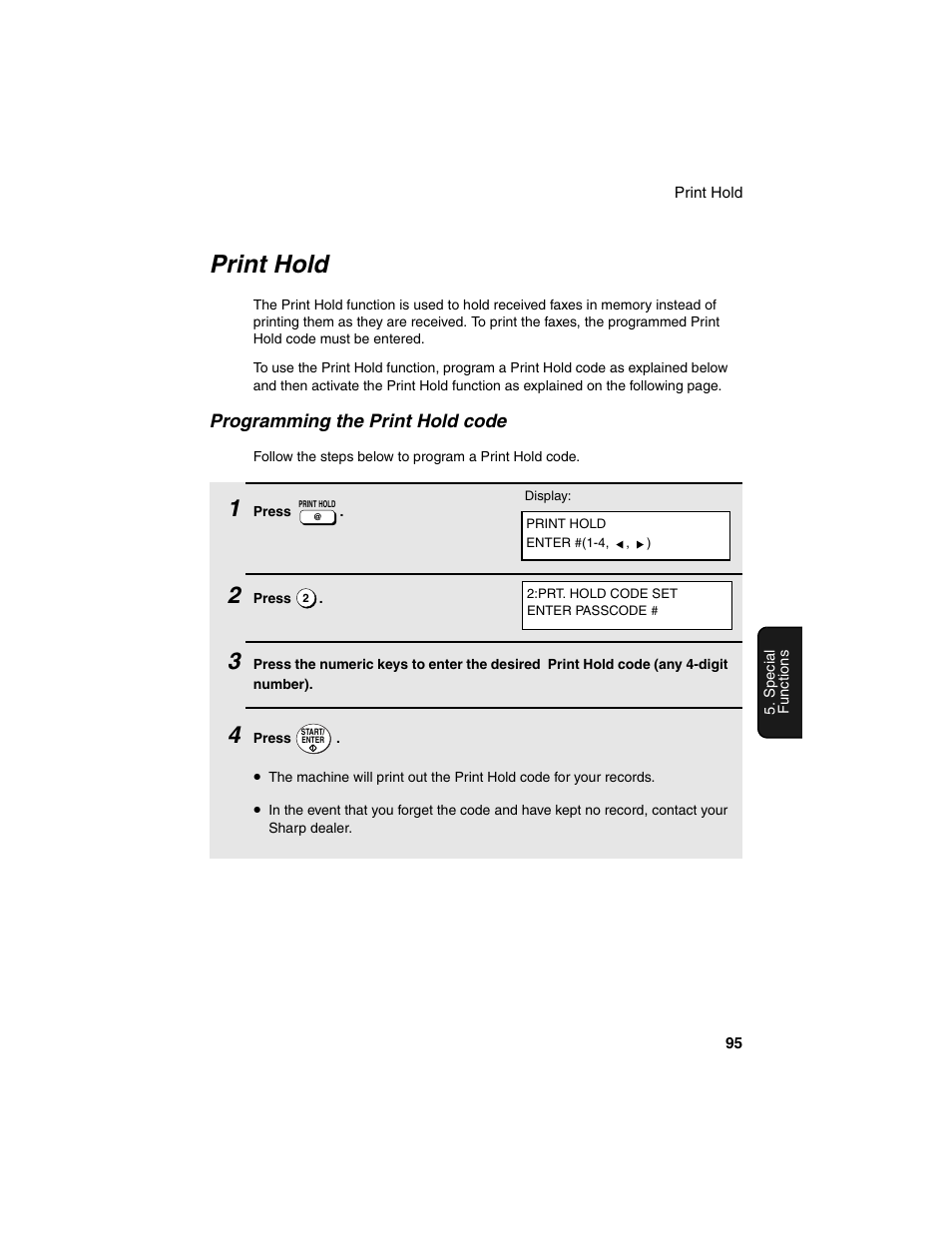 Print hold, Programming the print hold code | Sharp FO-4450 User Manual | Page 97 / 144