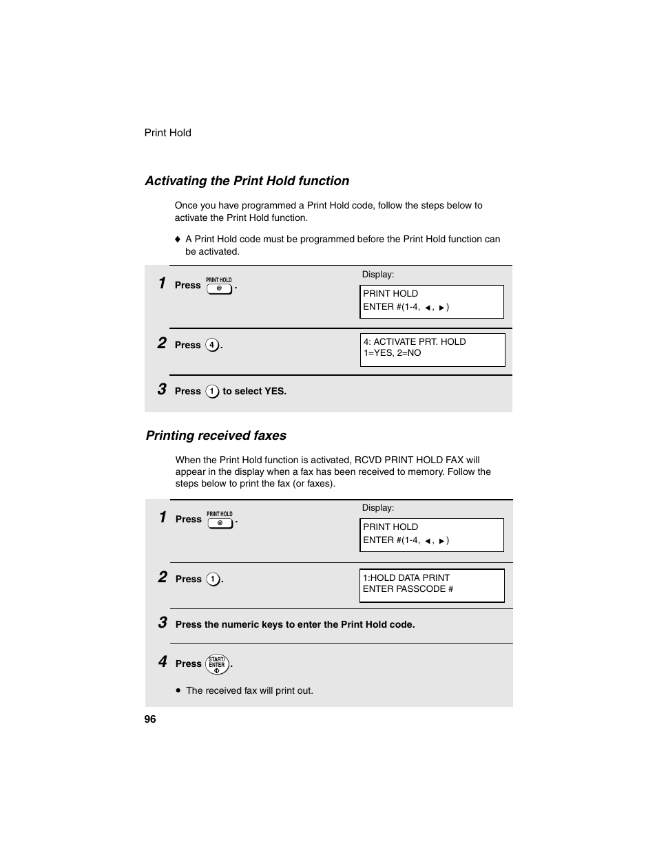 Activating the print hold function, Printing received faxes | Sharp FO-4450 User Manual | Page 98 / 144