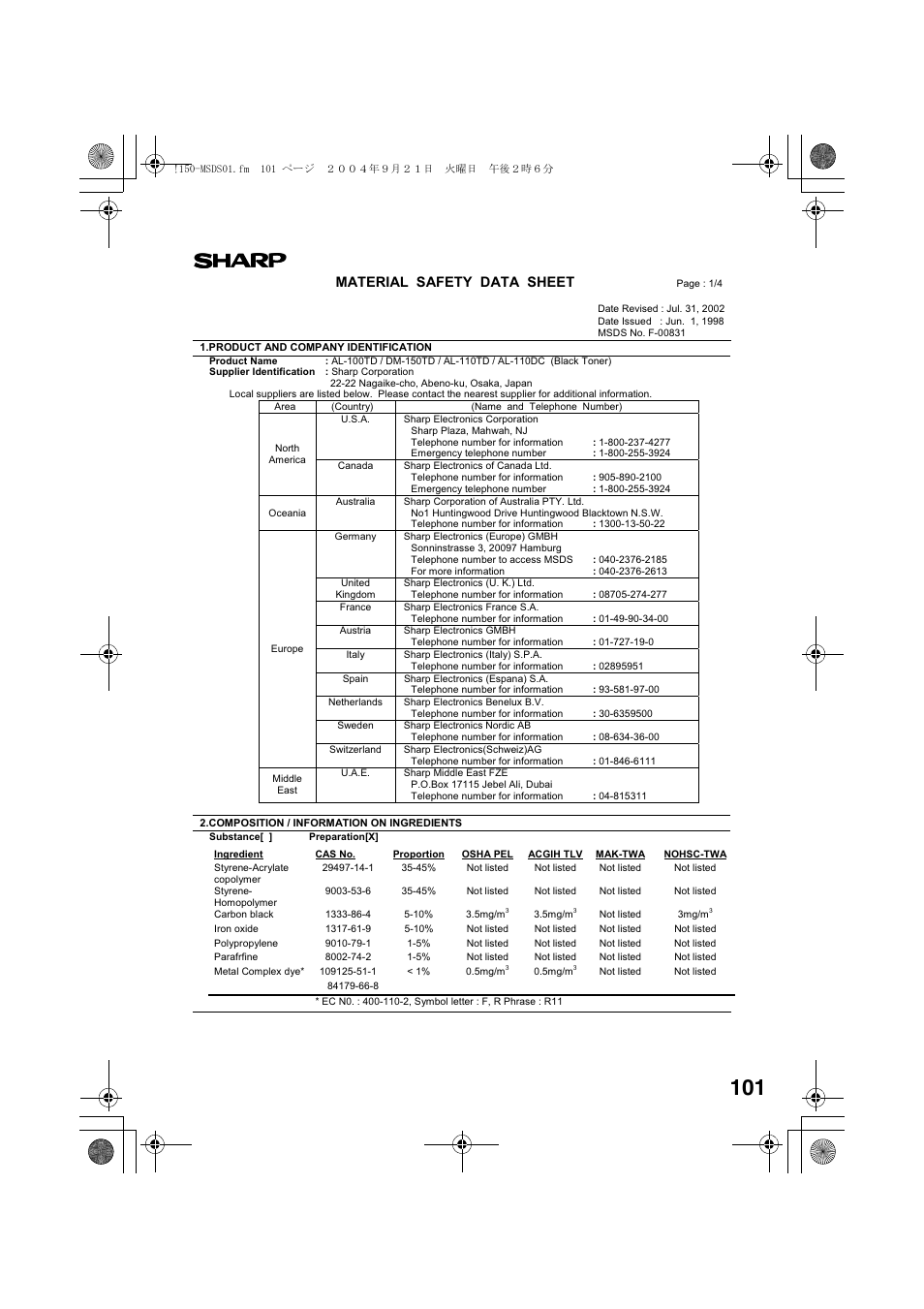Material safety data sheet | Sharp AL-1655CS User Manual | Page 103 / 124