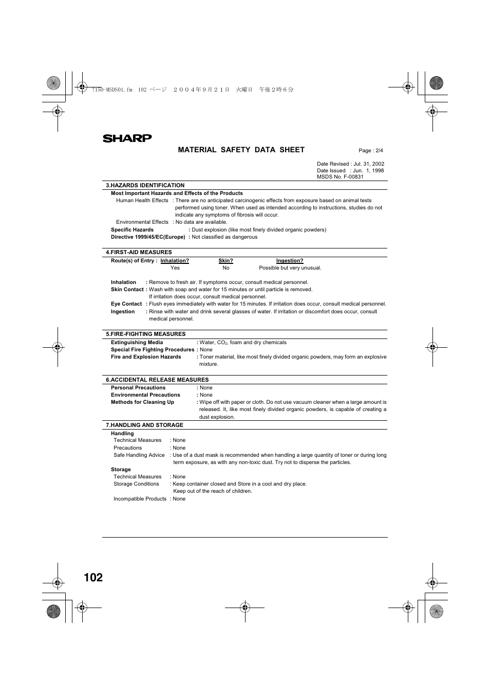 Material safety data sheet | Sharp AL-1655CS User Manual | Page 104 / 124