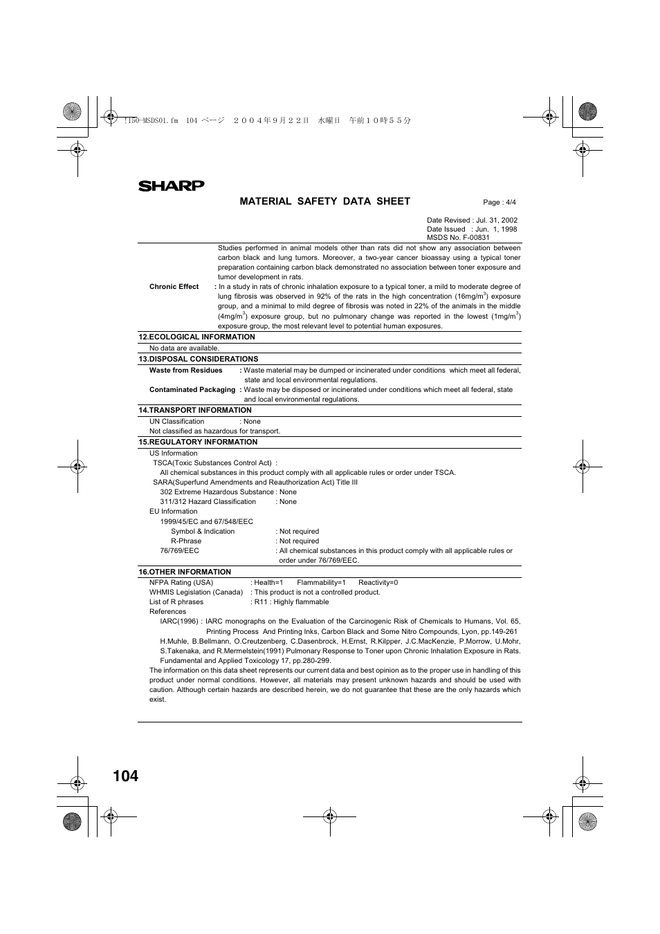 Material safety data sheet | Sharp AL-1655CS User Manual | Page 106 / 124