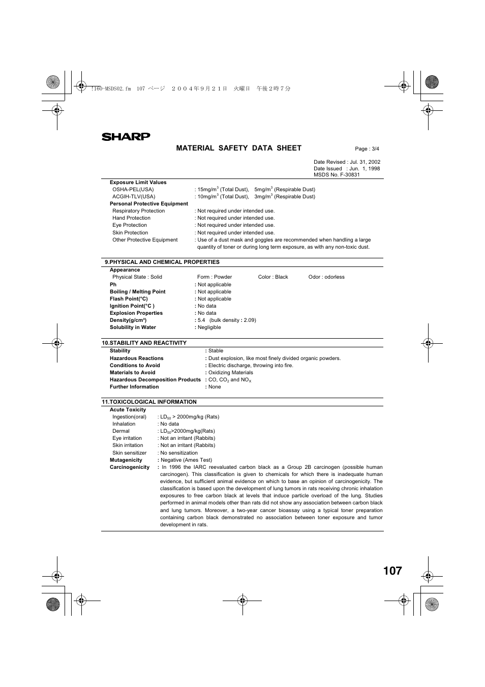 Material safety data sheet | Sharp AL-1655CS User Manual | Page 109 / 124