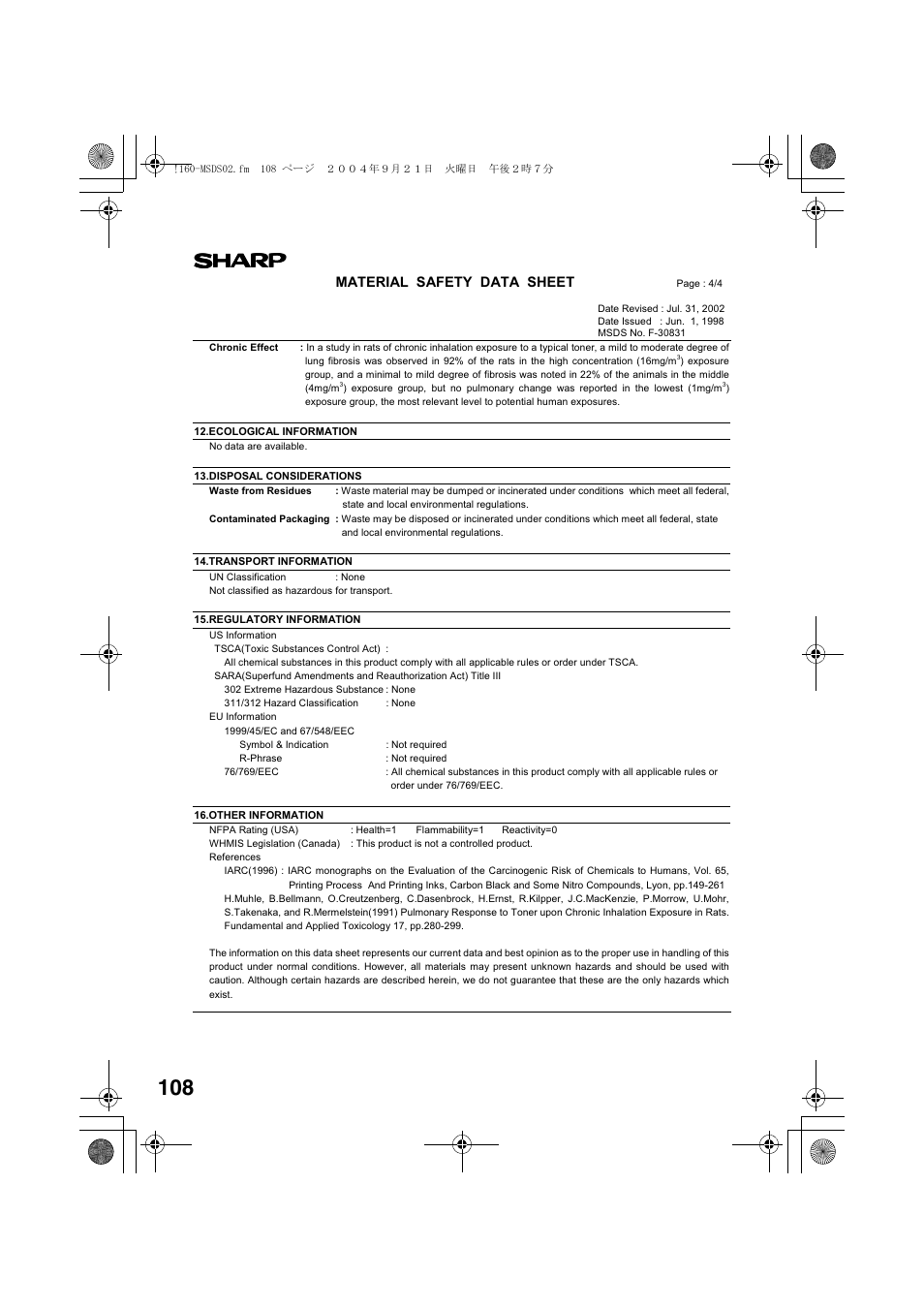 Material safety data sheet | Sharp AL-1655CS User Manual | Page 110 / 124