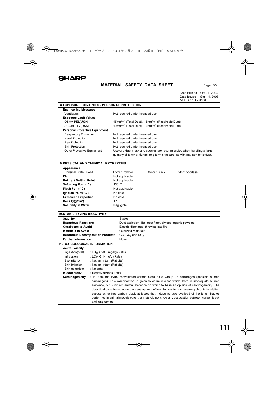Material safety data sheet | Sharp AL-1655CS User Manual | Page 113 / 124