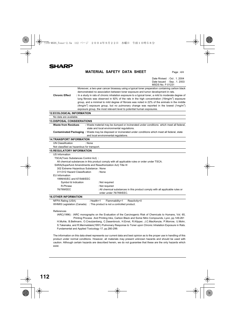 Material safety data sheet | Sharp AL-1655CS User Manual | Page 114 / 124