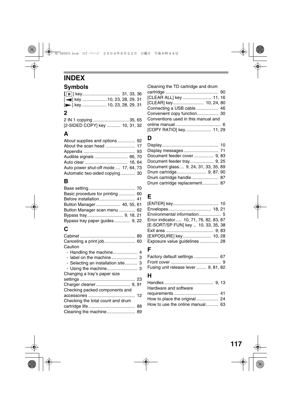 Index, 117 index | Sharp AL-1655CS User Manual | Page 119 / 124