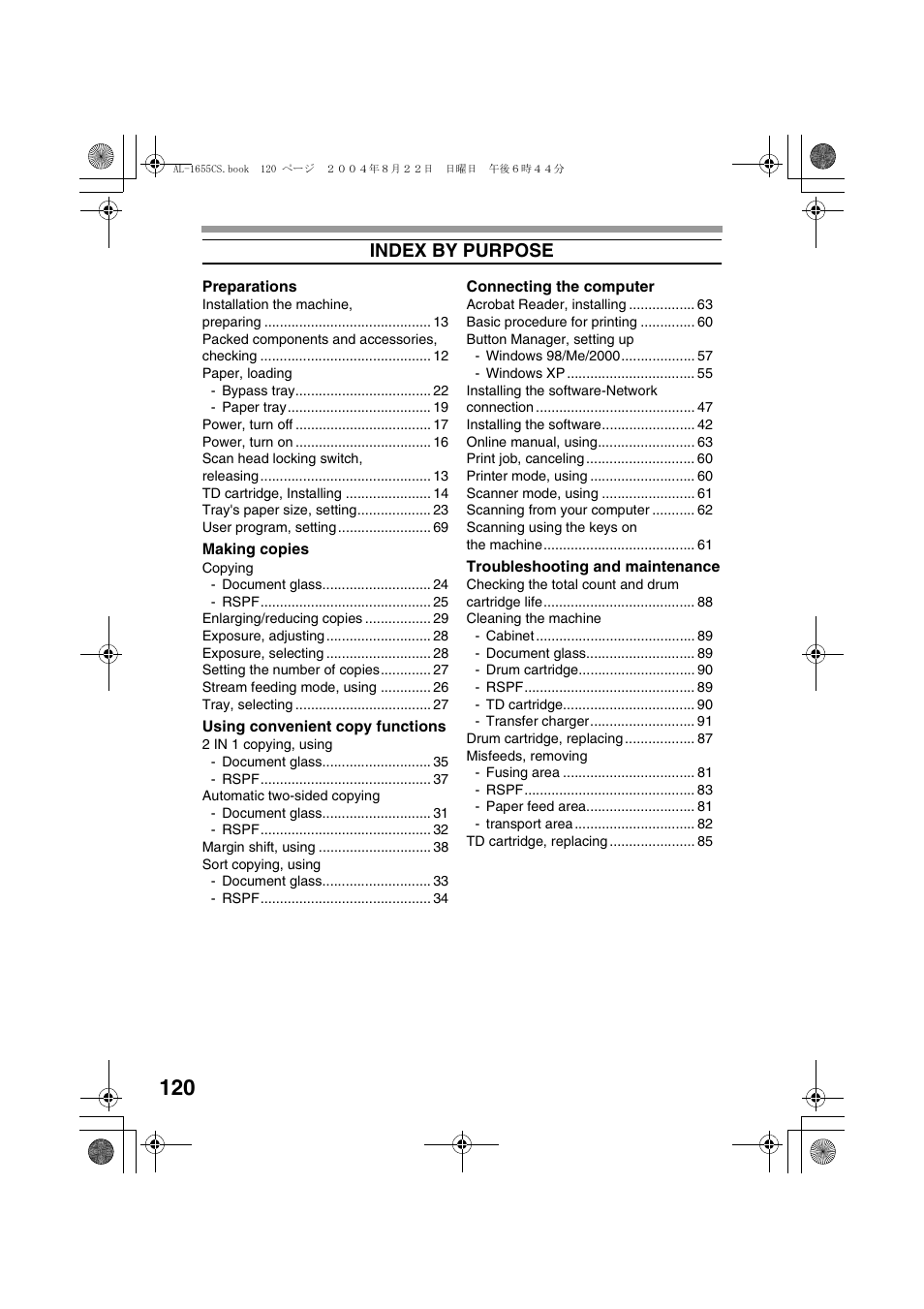 Index by purpose | Sharp AL-1655CS User Manual | Page 122 / 124