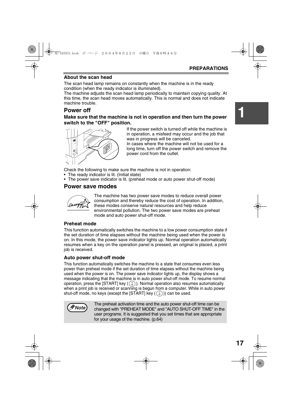 Power off, Power save modes | Sharp AL-1655CS User Manual | Page 19 / 124