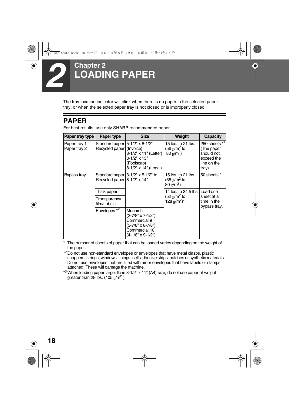 Loading paper, Paper, Chapter 2 | Sharp AL-1655CS User Manual | Page 20 / 124