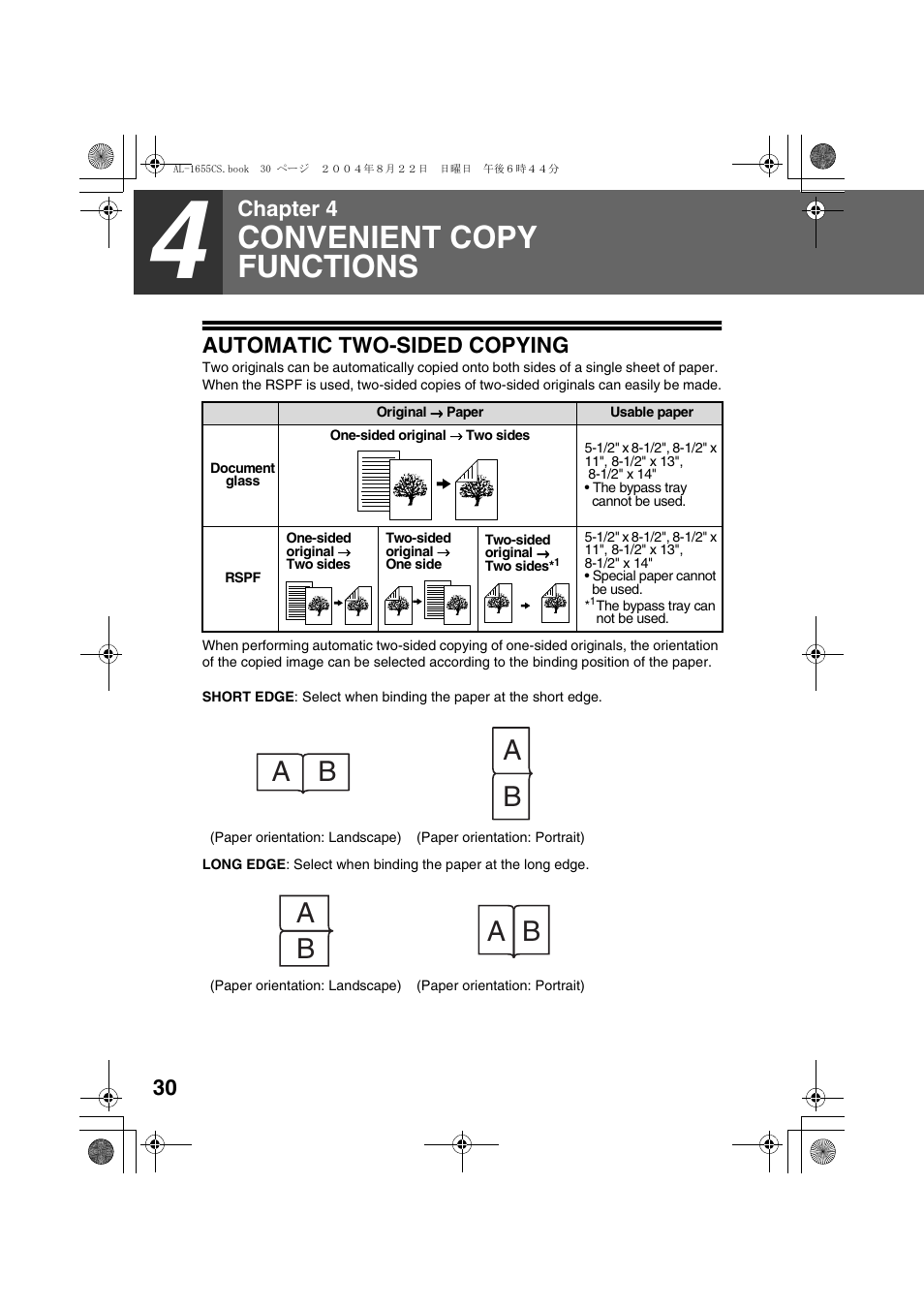 Automatic two-sided copying, Convenient copy functions, Chapter 4 automatic two-sided copying | Sharp AL-1655CS User Manual | Page 32 / 124