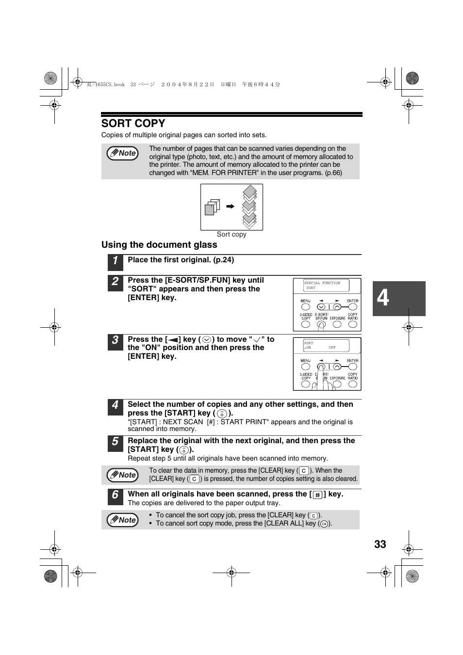 Sort copy, Using the document glass, P.33) | Sharp AL-1655CS User Manual | Page 35 / 124
