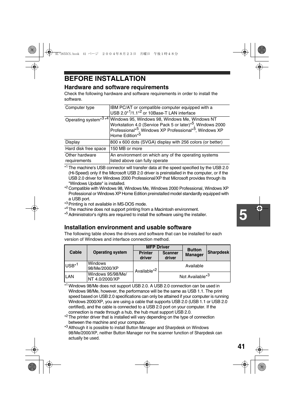Before installation, Hardware and software requirements, Installation environment and usable software | Sharp AL-1655CS User Manual | Page 43 / 124