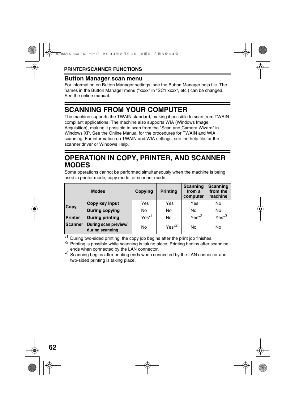 Button manager scan menu, Scanning from your computer, Operation in copy, printer, and scanner modes | Sharp AL-1655CS User Manual | Page 64 / 124