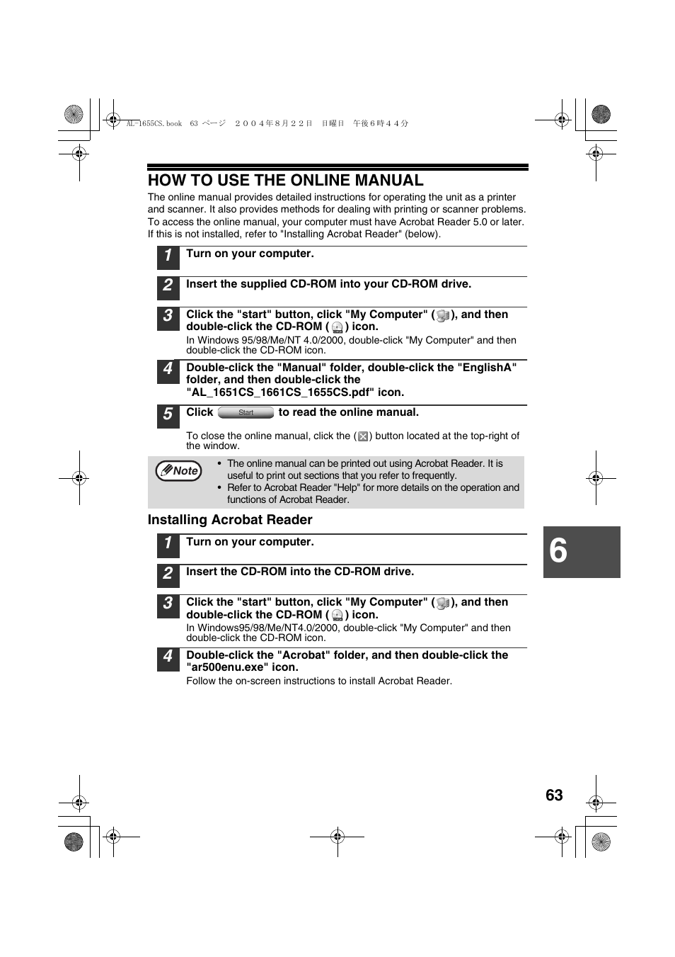 How to use the online manual, Installing acrobat reader | Sharp AL-1655CS User Manual | Page 65 / 124