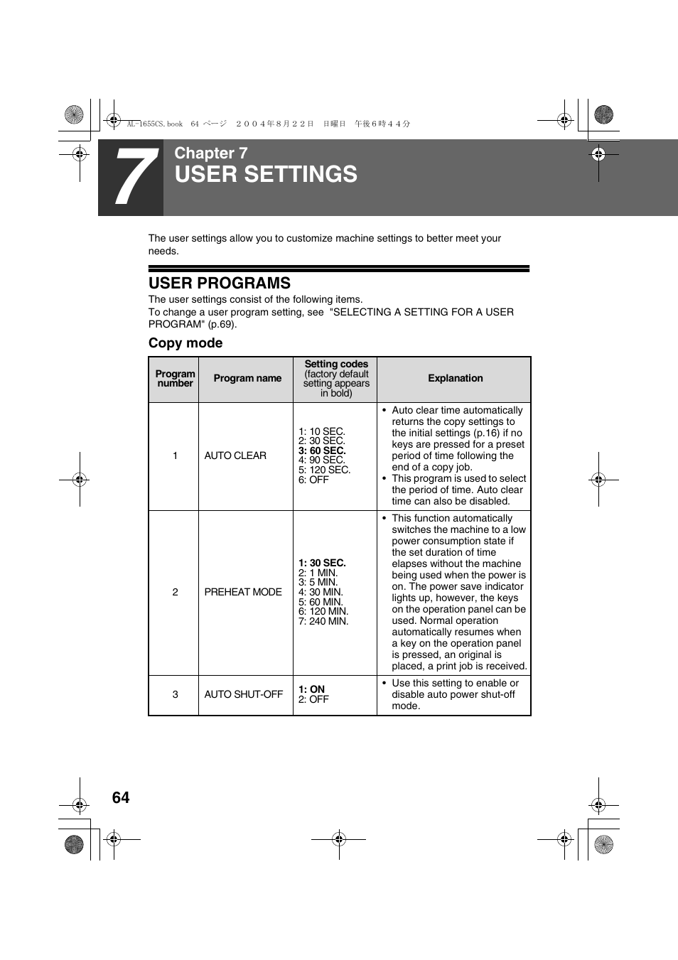 User programs, Copy mode, User settings | Chapter 7 | Sharp AL-1655CS User Manual | Page 66 / 124
