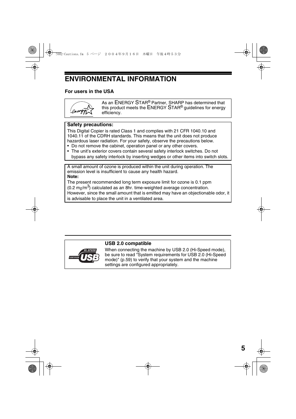 Environmental information, 5environmental information | Sharp AL-1655CS User Manual | Page 7 / 124