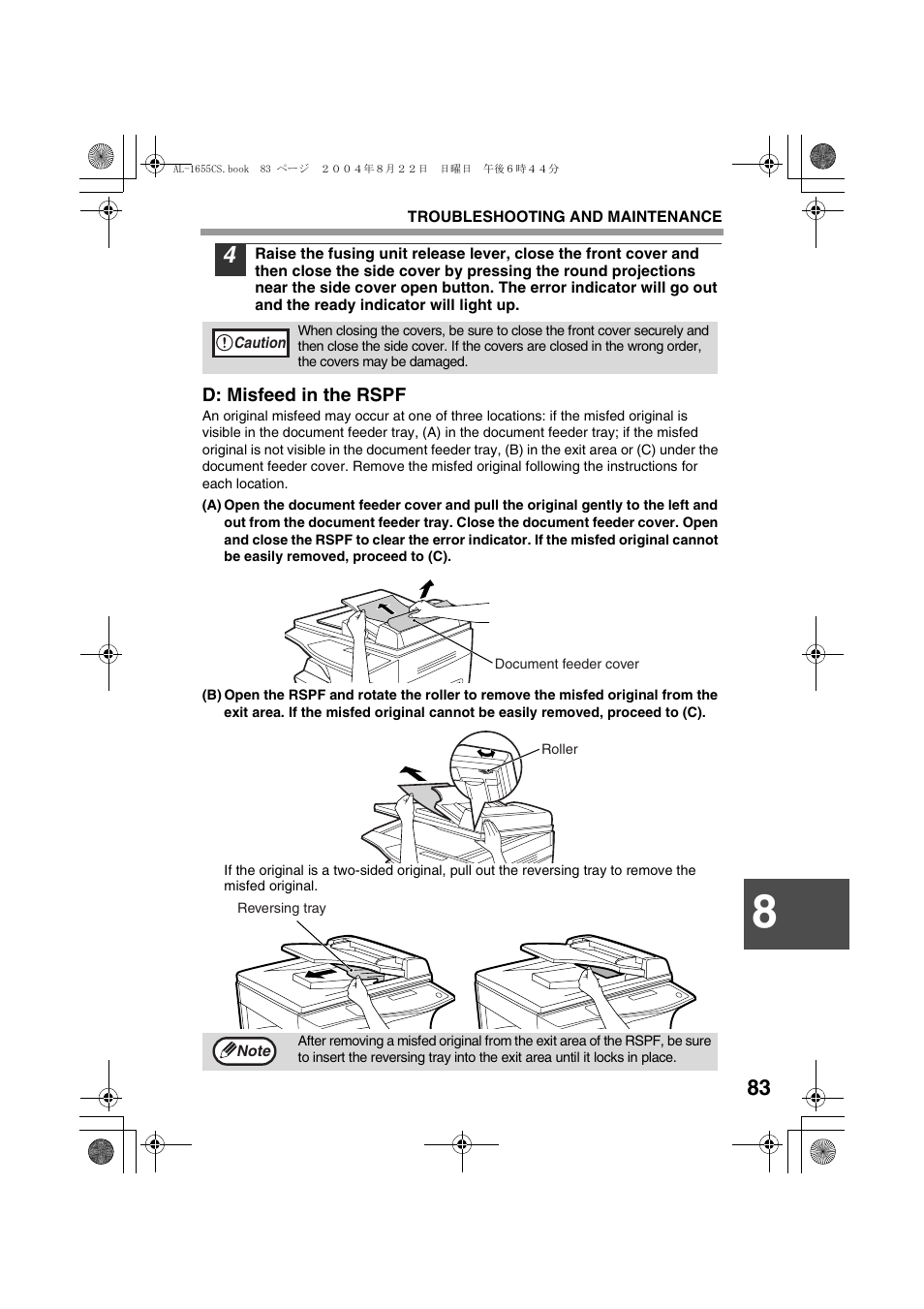 D: misfeed in the rspf | Sharp AL-1655CS User Manual | Page 85 / 124