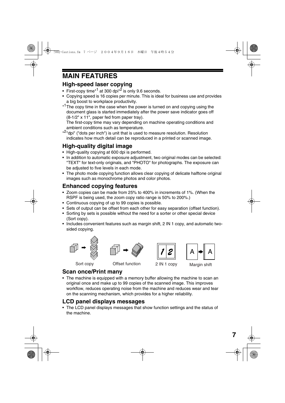 Main features, High-speed laser copying, High-quality digital image | Enhanced copying features, Scan once/print many, Lcd panel displays messages, 7main features | Sharp AL-1655CS User Manual | Page 9 / 124