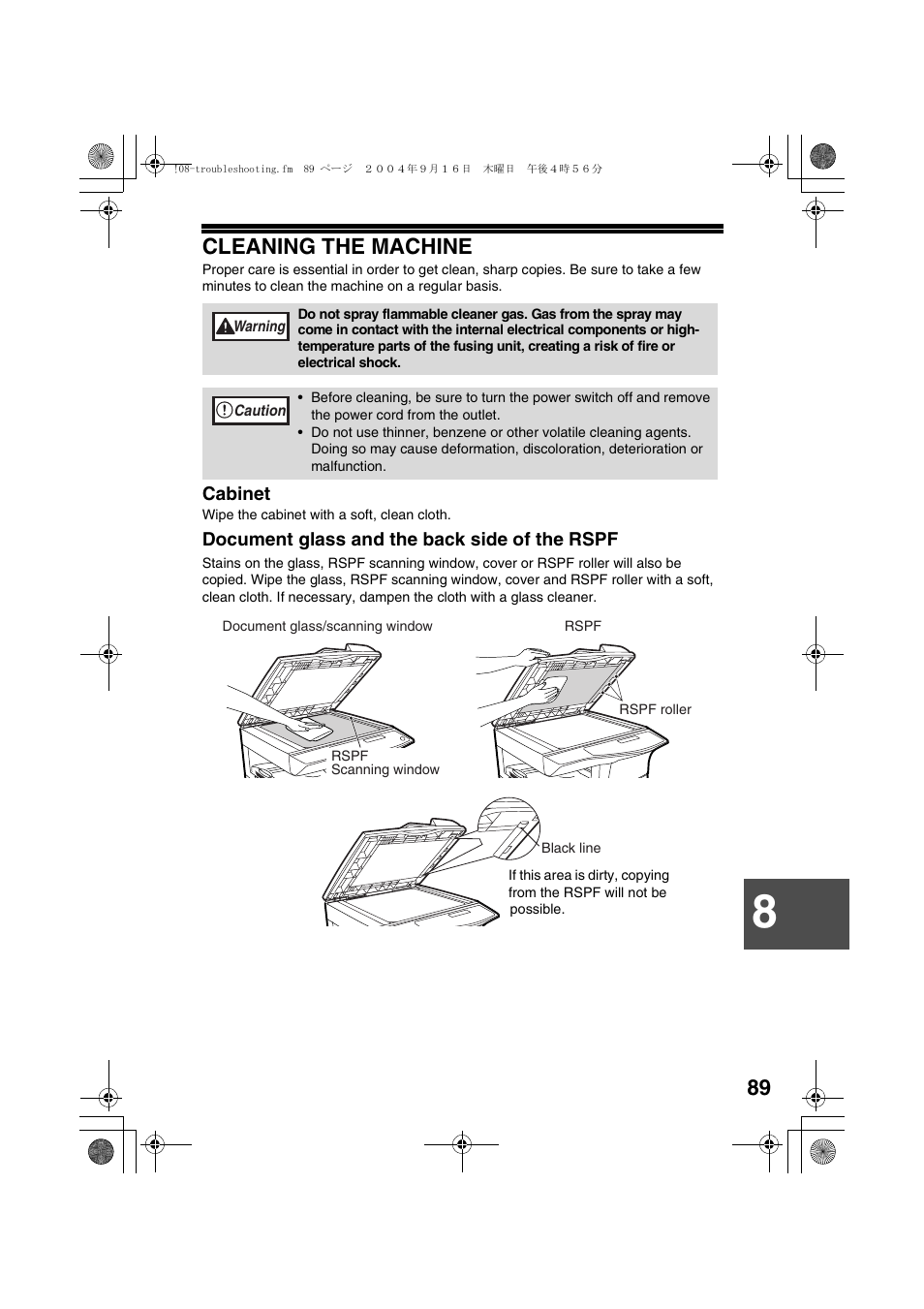 Cleaning the machine, Cabinet, Document glass and the back side of the rspf | Sharp AL-1655CS User Manual | Page 91 / 124
