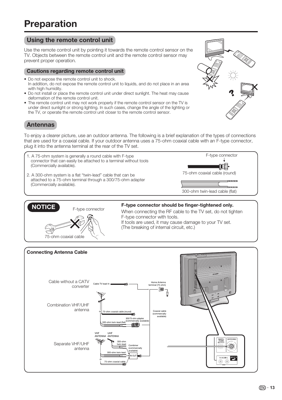 Preparation, Using the remote control unit, Cautions regarding remote control unit | Antennas, Notice | Sharp Aquos LC 37SH20U User Manual | Page 14 / 53