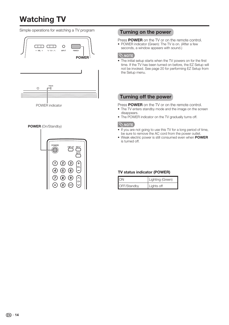 Watching tv, Turning on the power, Turning off the power | Sharp Aquos LC 37SH20U User Manual | Page 15 / 53