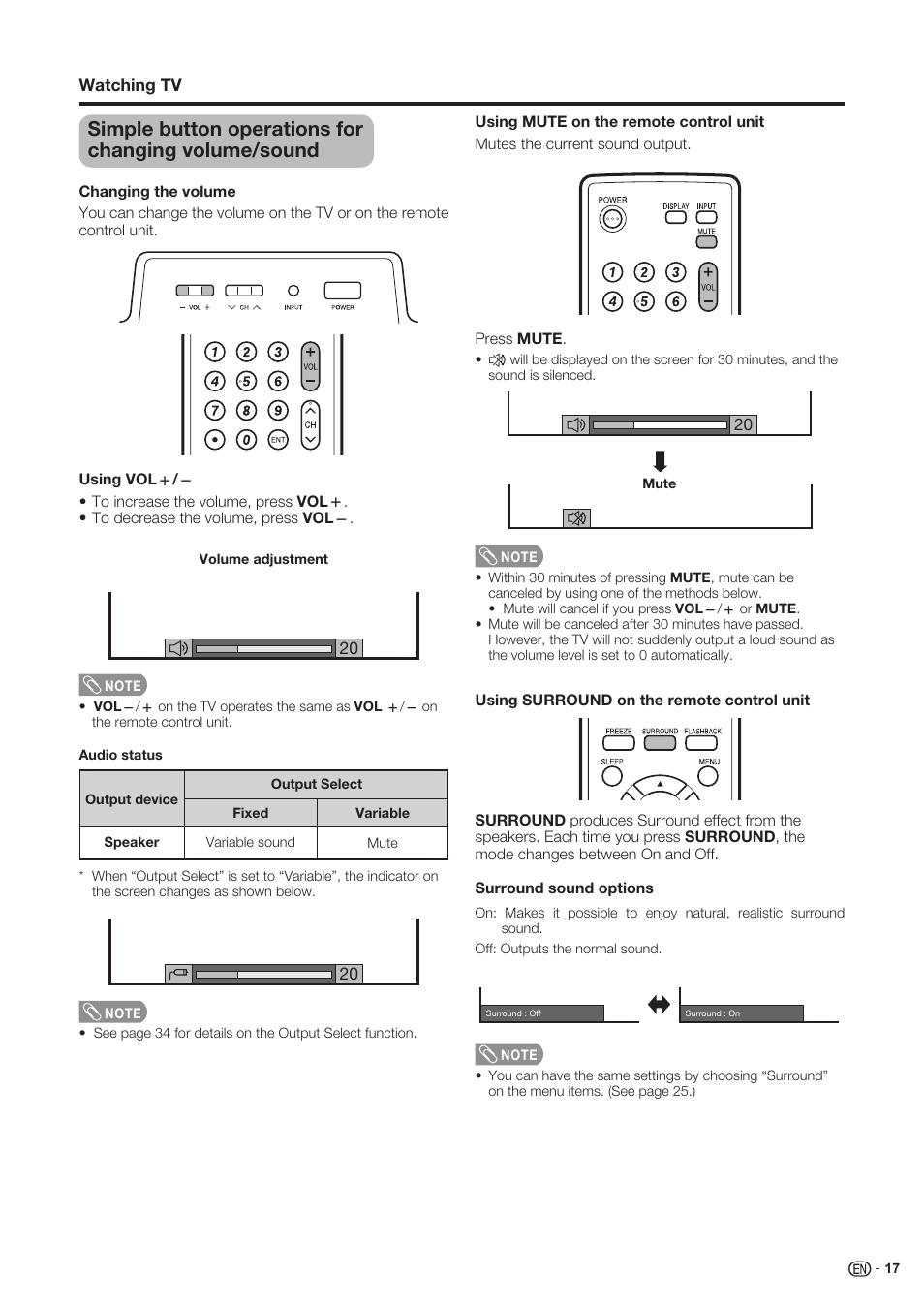 Simple button operations for changing volume/sound | Sharp Aquos LC 37SH20U User Manual | Page 18 / 53