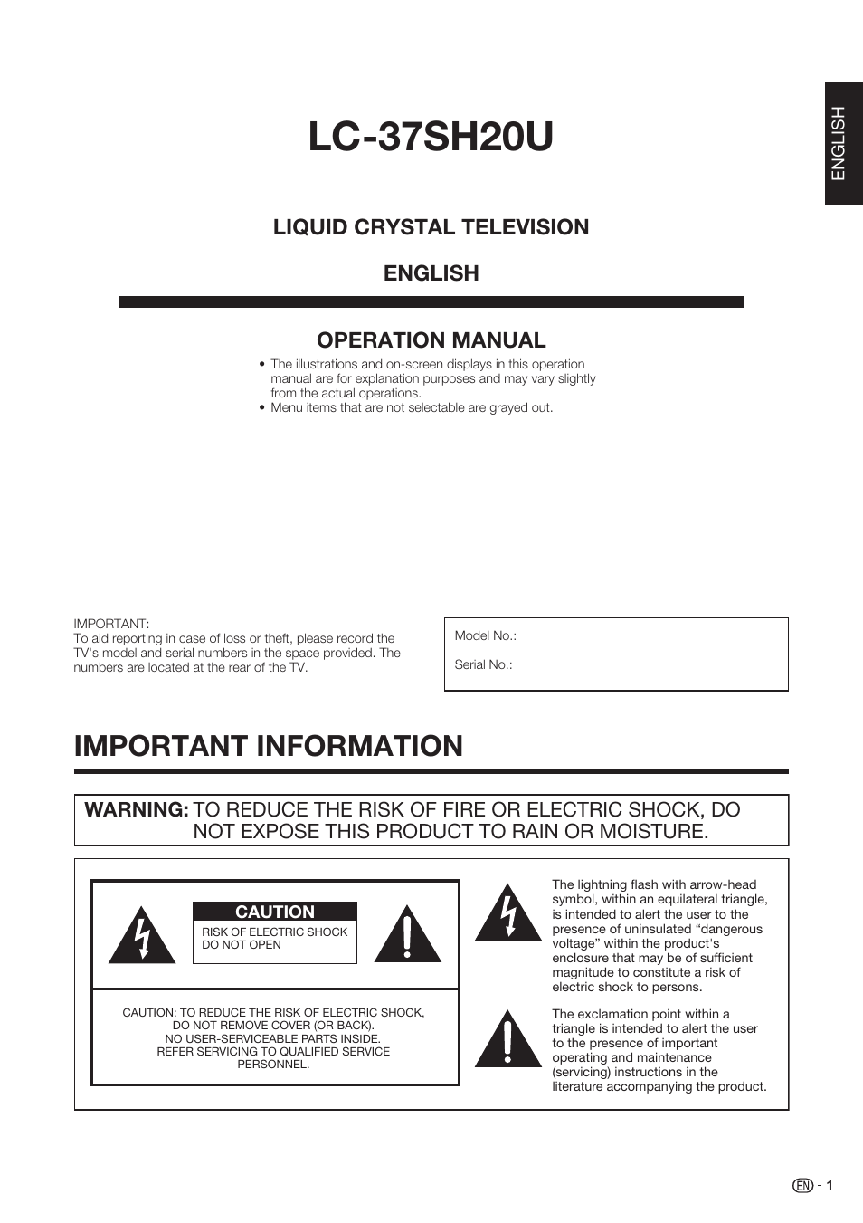 Important information, Lc-37sh20u, Operation manual | Liquid crystal television english | Sharp Aquos LC 37SH20U User Manual | Page 2 / 53