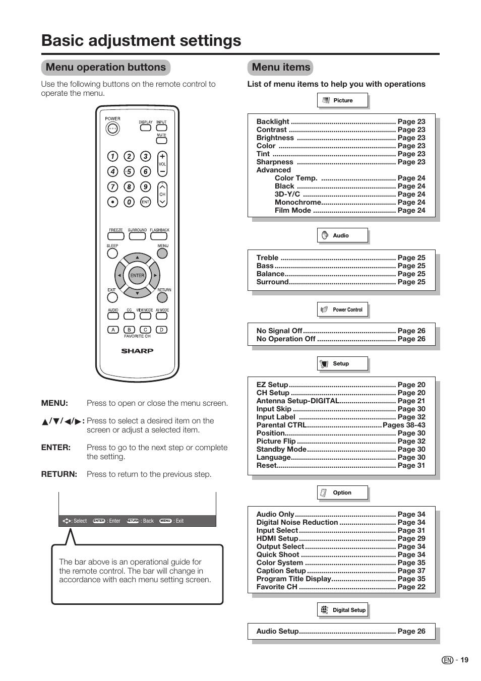 Basic adjustment settings, Menu operation buttons, Menu items | Sharp Aquos LC 37SH20U User Manual | Page 20 / 53