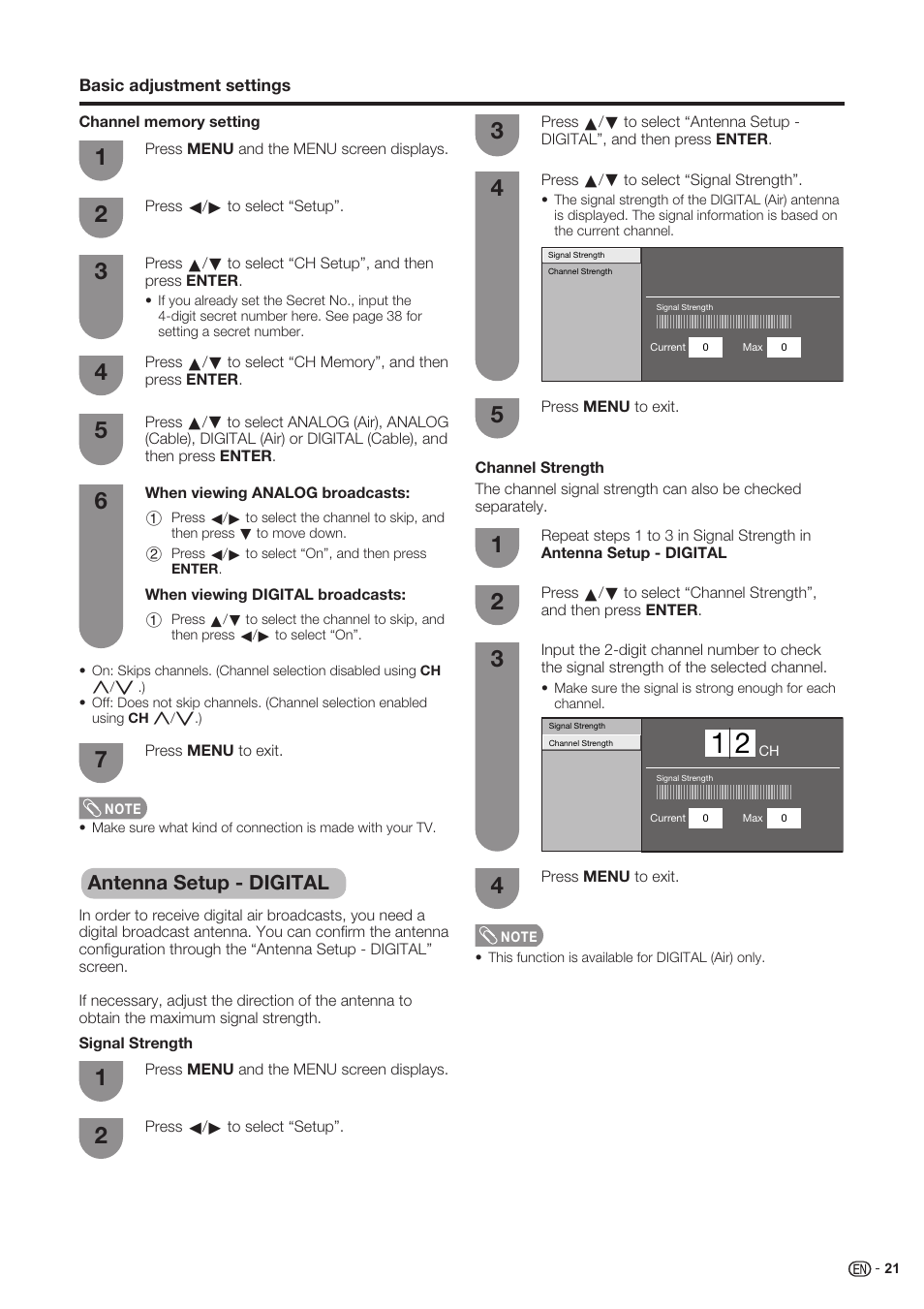 Antenna setup-digital, Antenna setup - digital | Sharp Aquos LC 37SH20U User Manual | Page 22 / 53