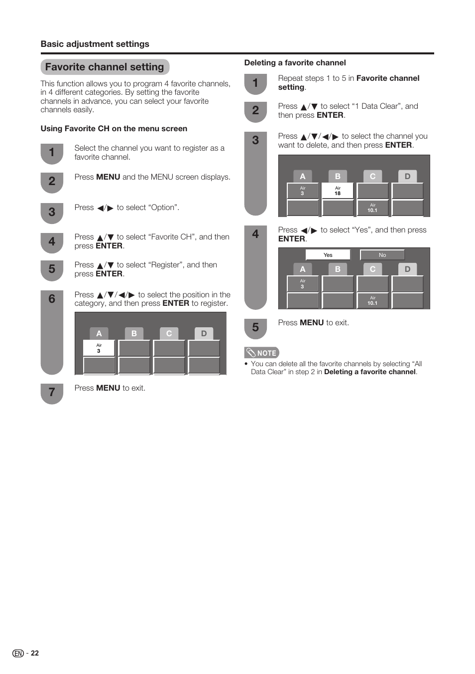 Favorite channel setting | Sharp Aquos LC 37SH20U User Manual | Page 23 / 53