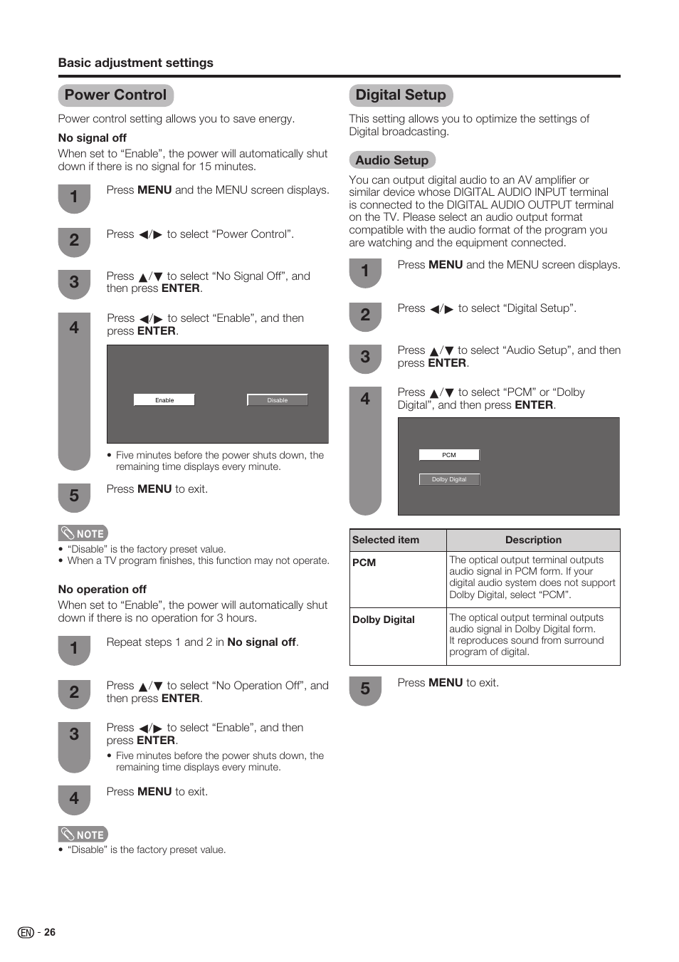 Power control, Digital setup, Audio setup | Sharp Aquos LC 37SH20U User Manual | Page 27 / 53