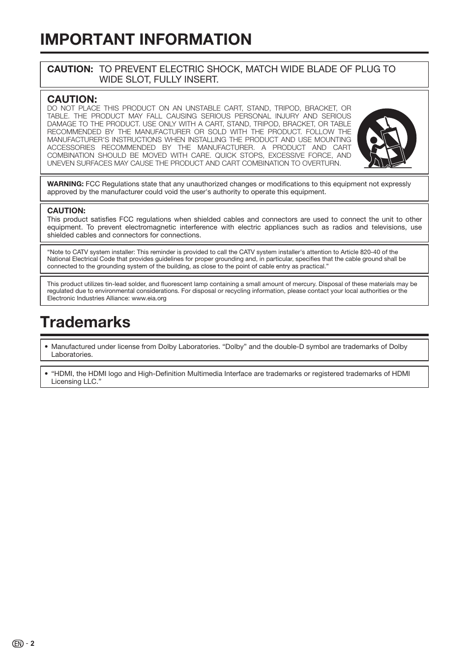 Trademarks, Important information trademarks | Sharp Aquos LC 37SH20U User Manual | Page 3 / 53