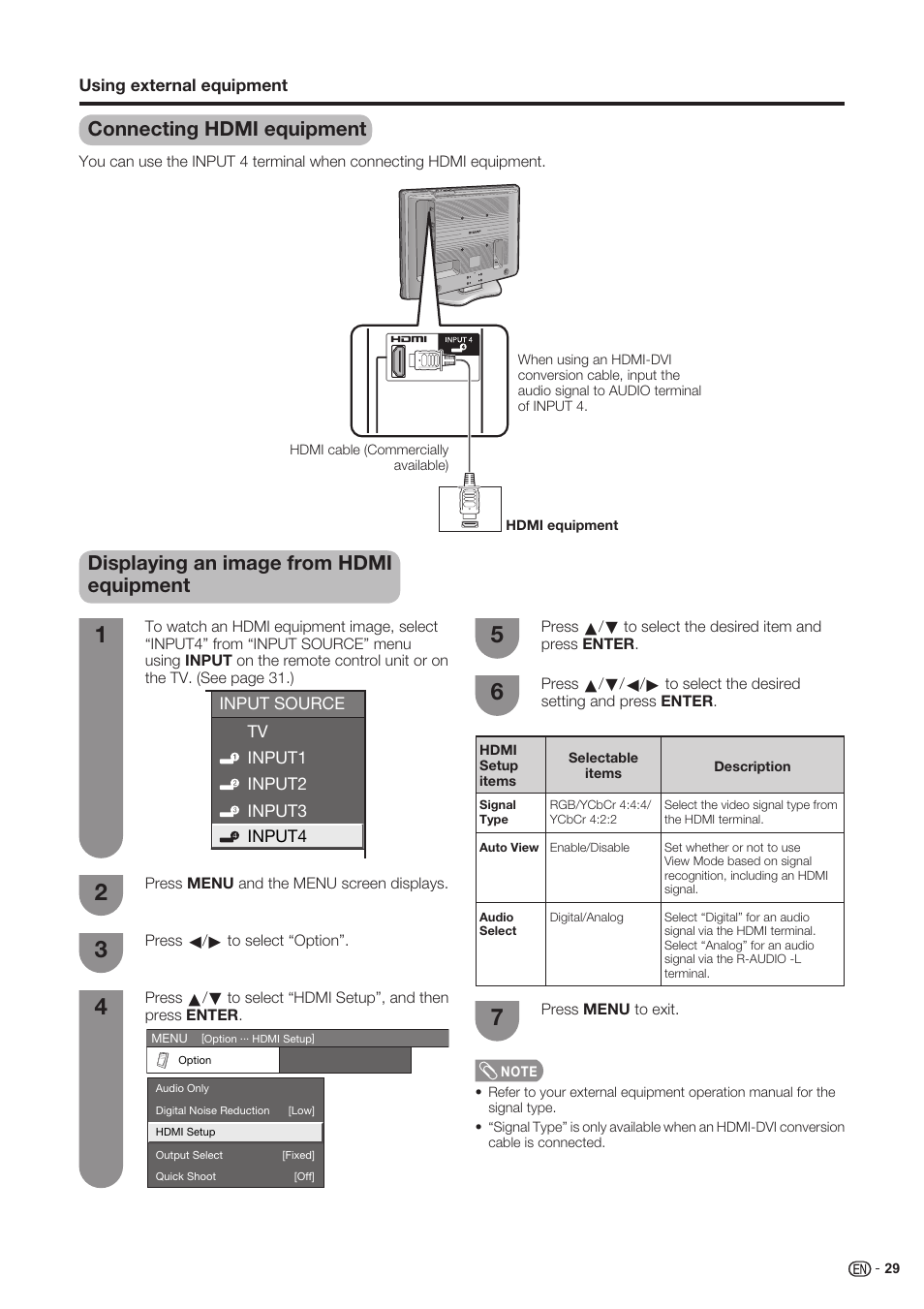 Connecting hdmi equipment, Displaying an image from hdmi equipment | Sharp Aquos LC 37SH20U User Manual | Page 30 / 53