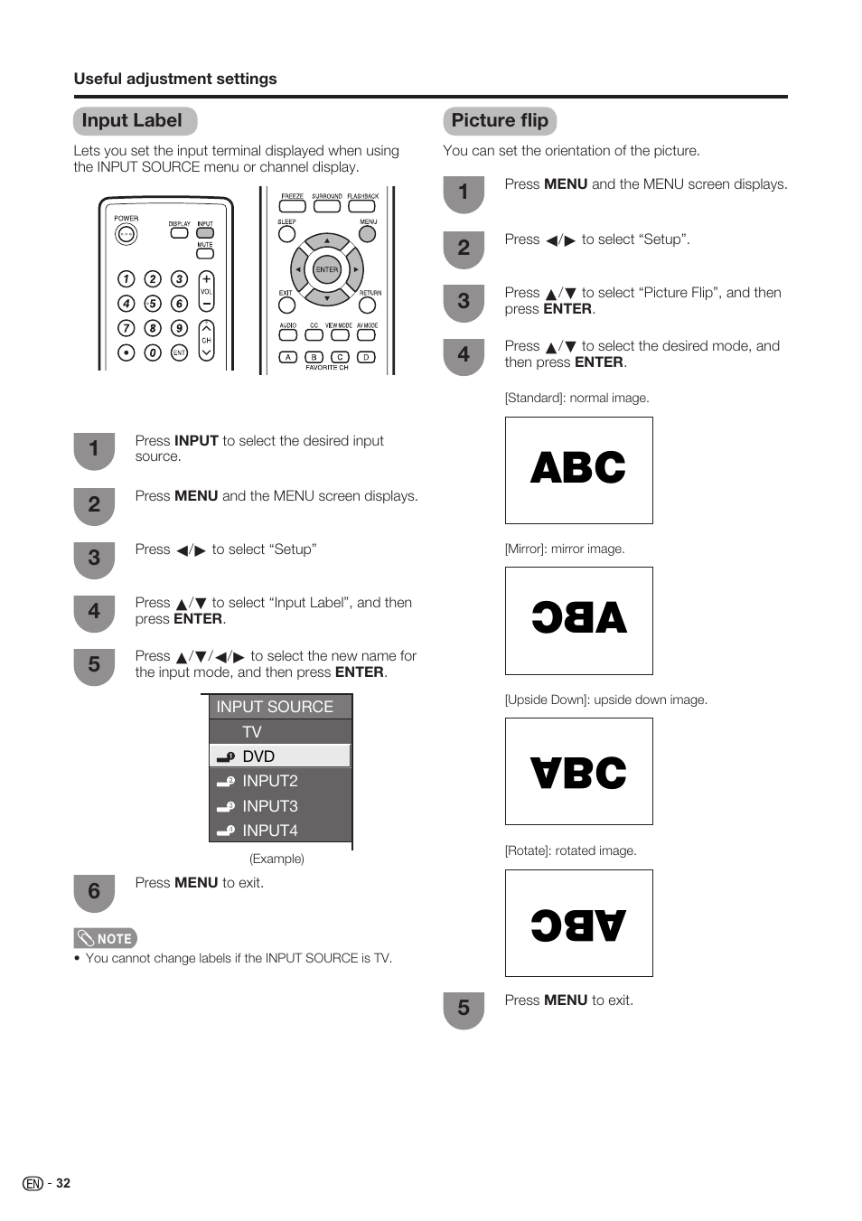 Input label, Picture flip | Sharp Aquos LC 37SH20U User Manual | Page 33 / 53