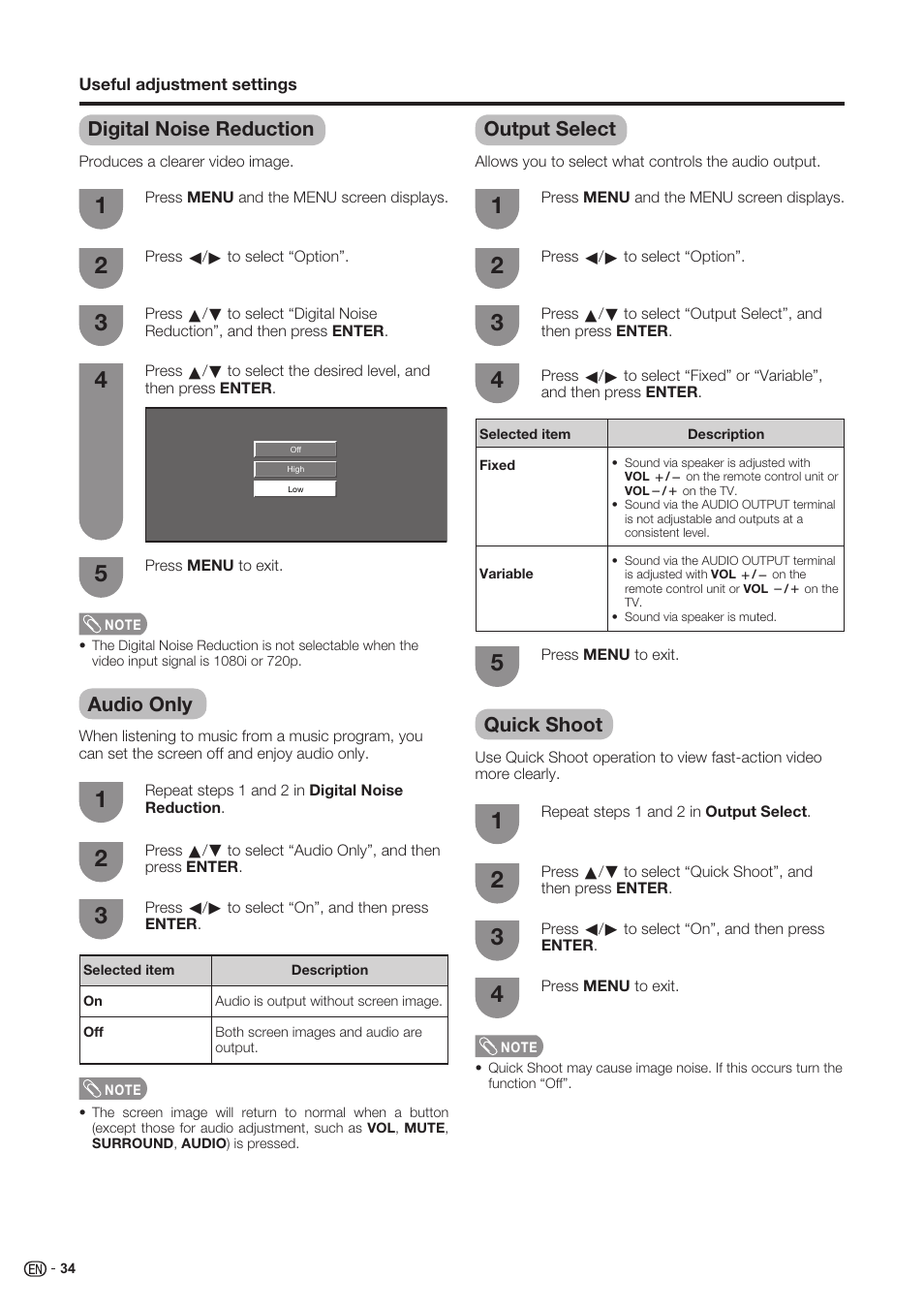 Digital noise reduction, Audio only, Output select | Quick shoot | Sharp Aquos LC 37SH20U User Manual | Page 35 / 53