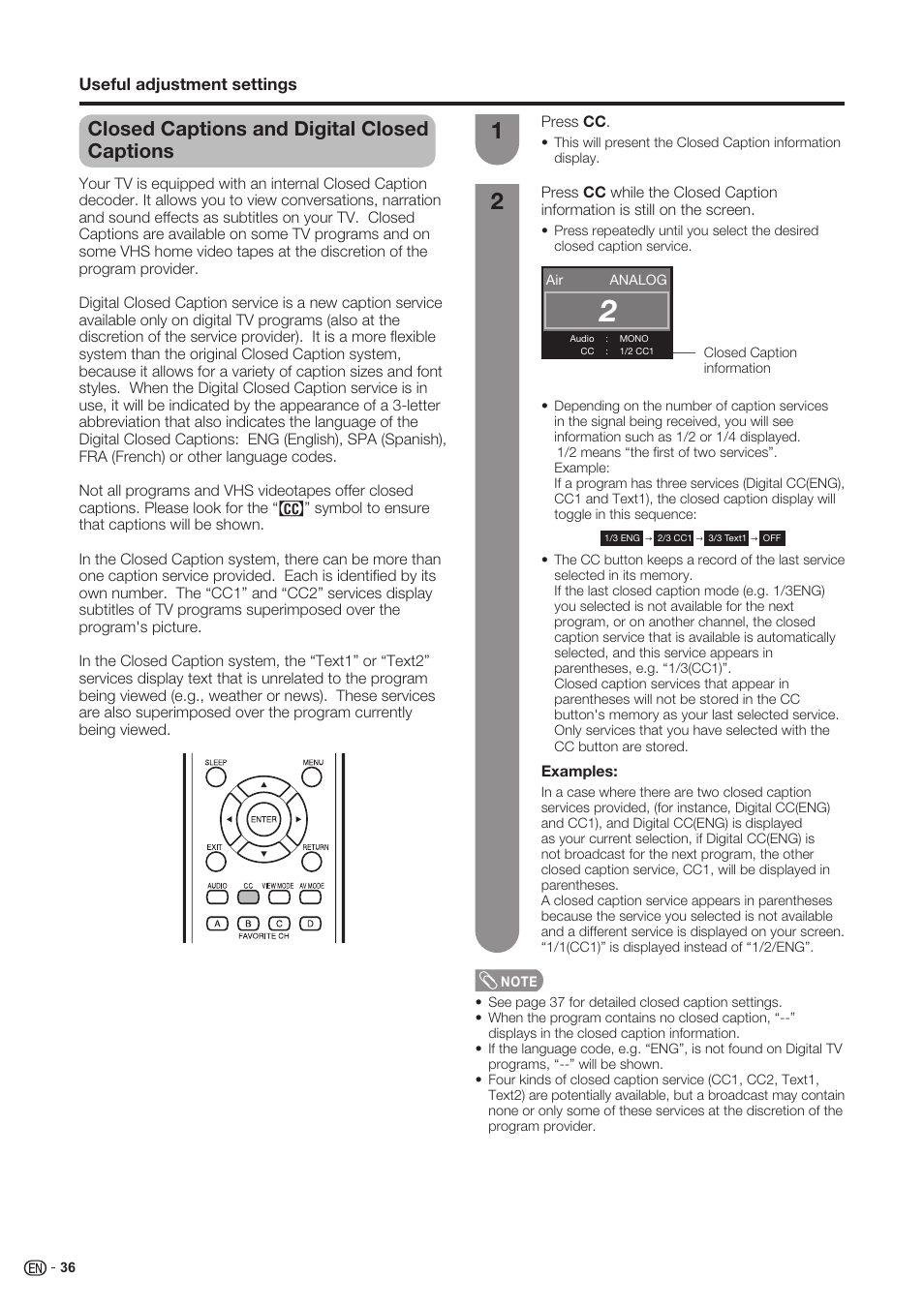 Closed captions and digital closed captions | Sharp Aquos LC 37SH20U User Manual | Page 37 / 53