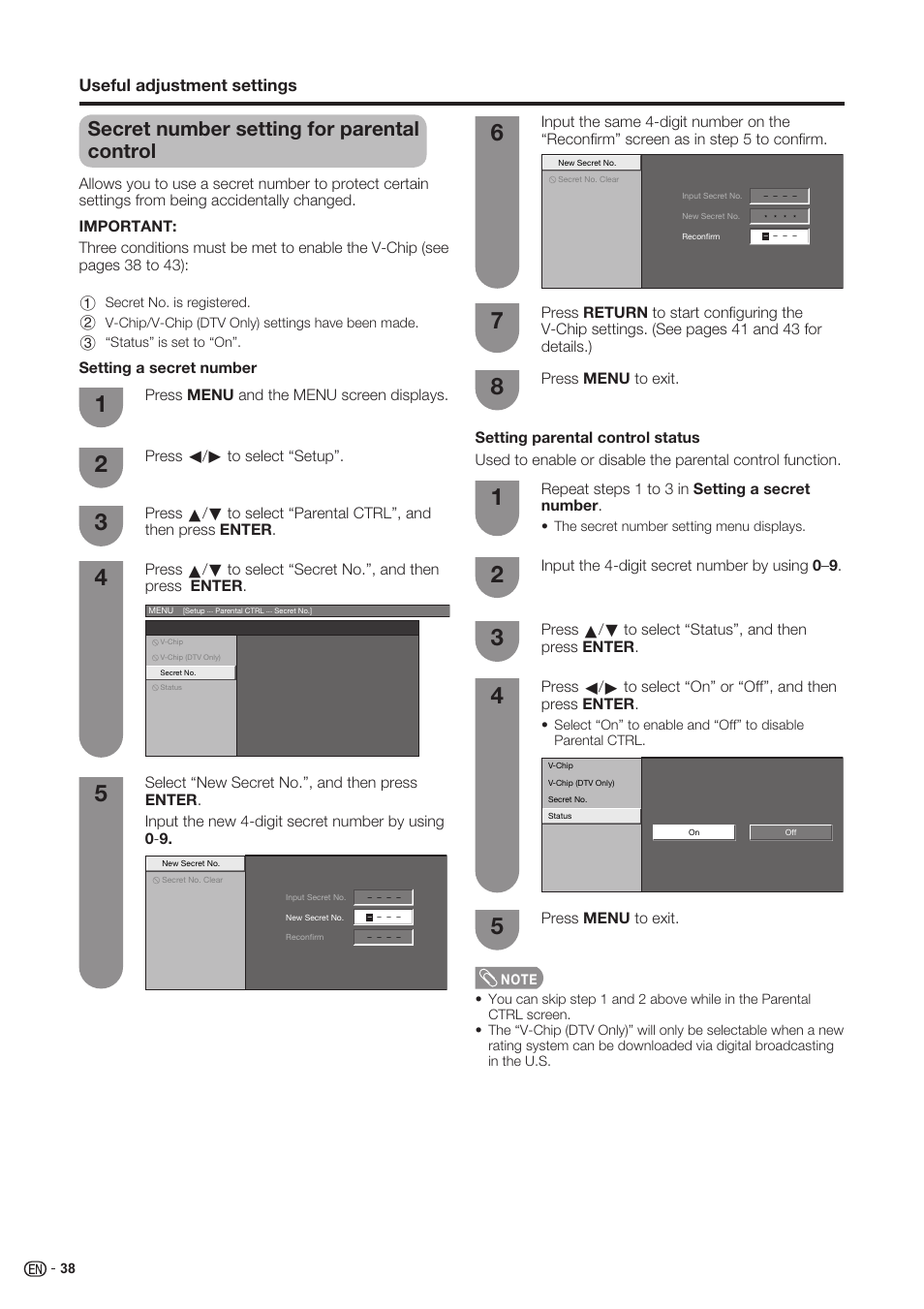 Secret number setting for parental control, Useful adjustment settings | Sharp Aquos LC 37SH20U User Manual | Page 39 / 53