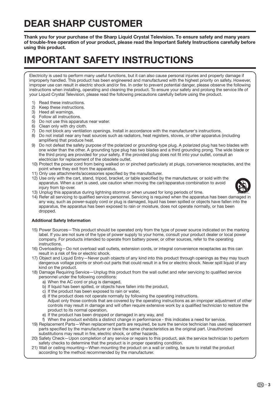 Dear sharp customer, Important safety instructions | Sharp Aquos LC 37SH20U User Manual | Page 4 / 53