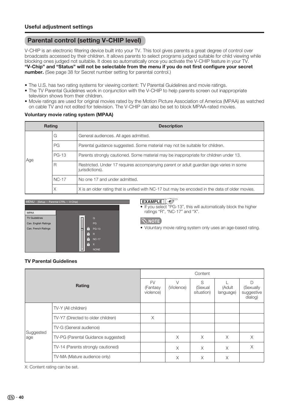 Parental control (setting v-chip level), Useful adjustment settings | Sharp Aquos LC 37SH20U User Manual | Page 41 / 53