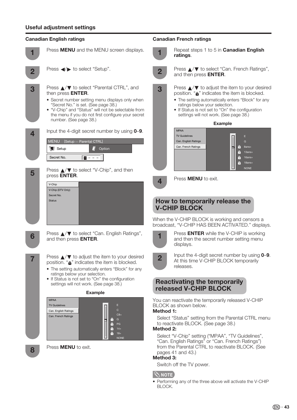 How to temporarily release the v-chip block, Reactivating the temporarily released v-chip block | Sharp Aquos LC 37SH20U User Manual | Page 44 / 53