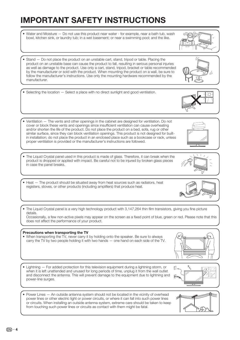 Important safety instructions | Sharp Aquos LC 37SH20U User Manual | Page 5 / 53